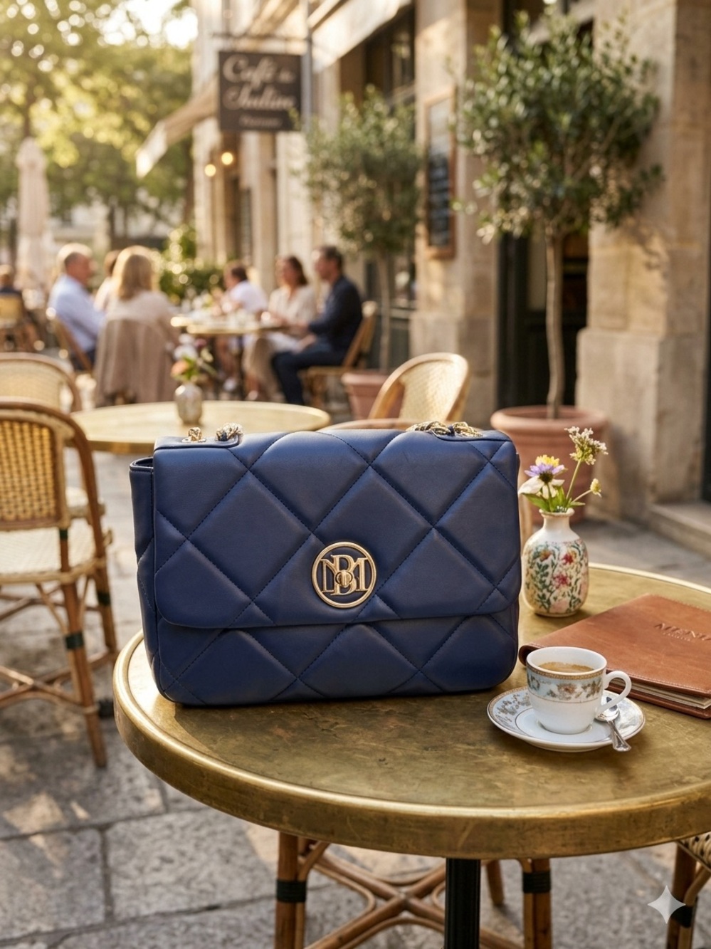 Badgley Mischka Quilted Navy Vegan Leather Chain Crossbody Bag NWT